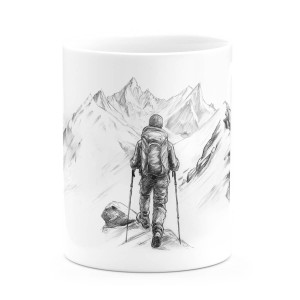 Kubek górski podróżnik zdobywca gór, widok na szczyty gór