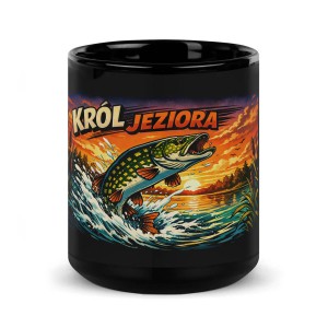 Duży czarny kubek wyskakujący z wody szczupak KRÓL JEZIORA zachód słońca